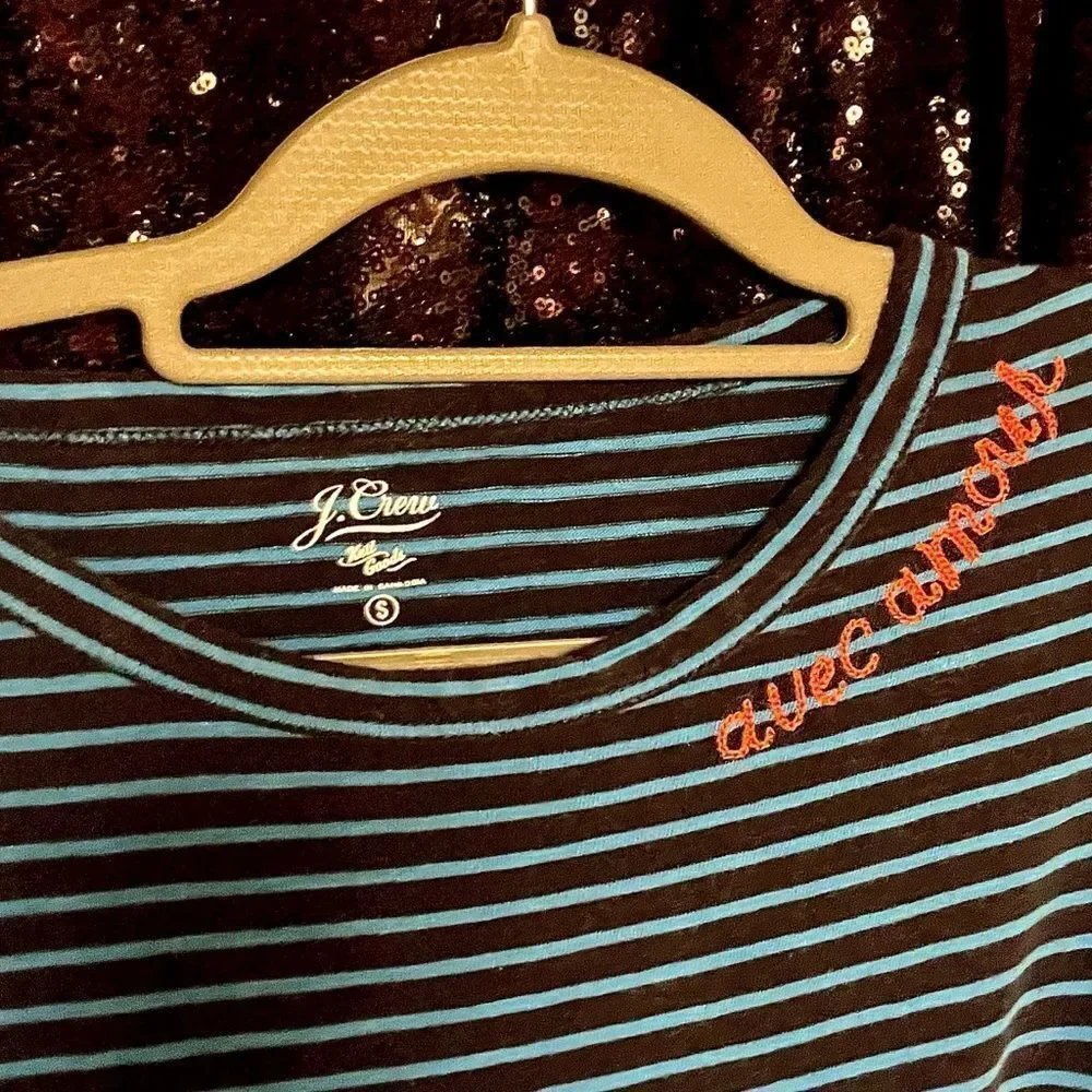 J. Crew Blue and Black Striped Top with Orange Detail